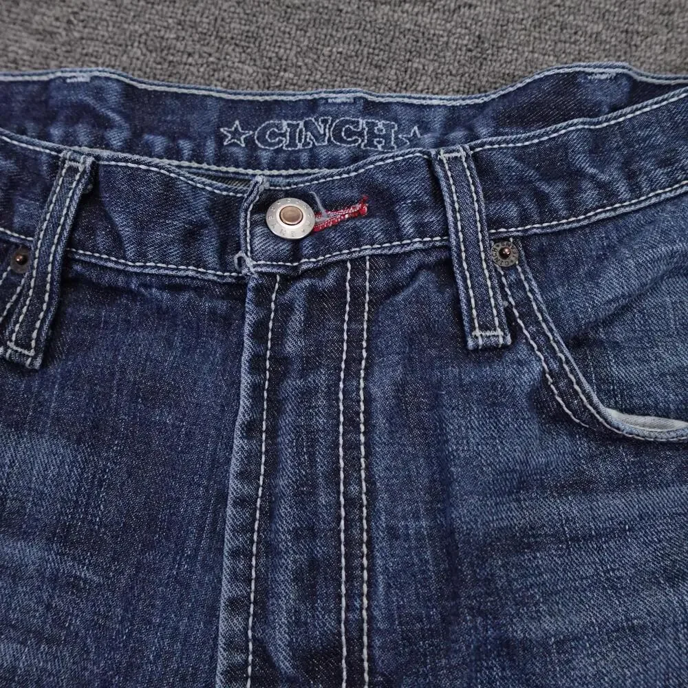 Cinch Jeans Mens 35x32 Blue Medium Wash Relaxed Bootcut Distressed Denim MB92834